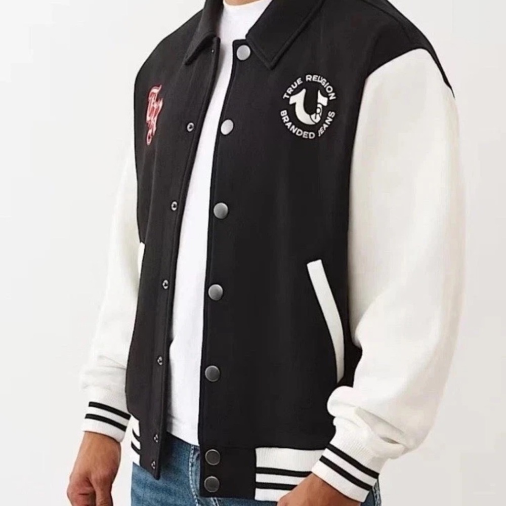 True Religion Collared Patch Fleece Varsity Jacket Men’s Size Small - $159.00